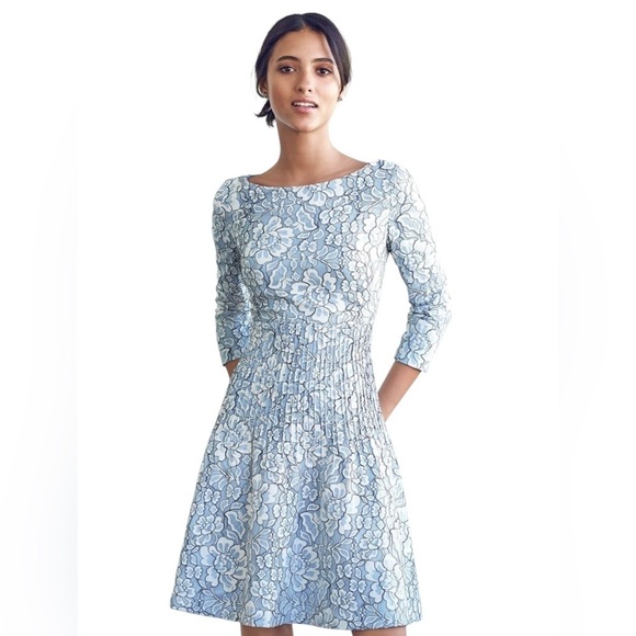 Eliza J Light Blue Floral 3/4 Sleeve fit & flare micro pleated waist Dress sz 4 - Picture 1 of 14